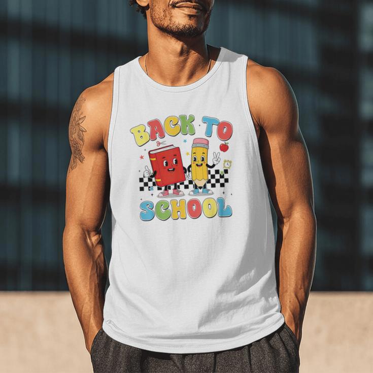 Back To School Checkered Book Pencil Groovy Teacher Student Men Tank Top