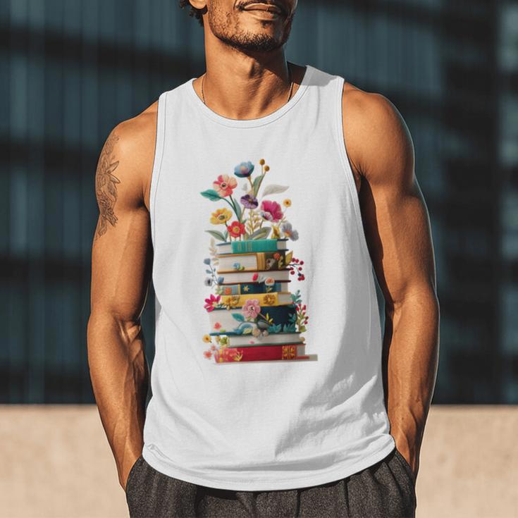 Book Stack With Flowers Reading Lover Bookish Men Tank Top