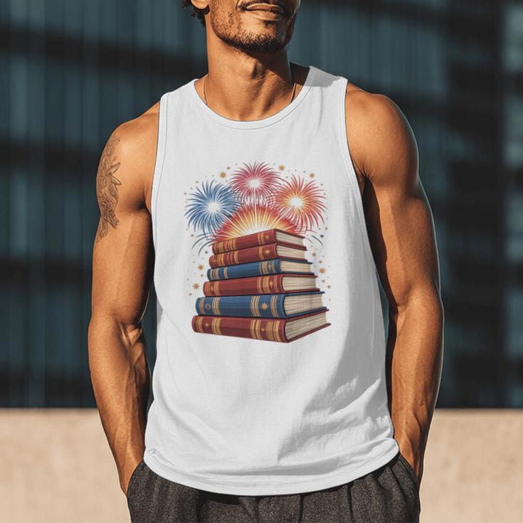Books Fireworks 4th Of July Bookworm Patriotic Reader Men Tank Top