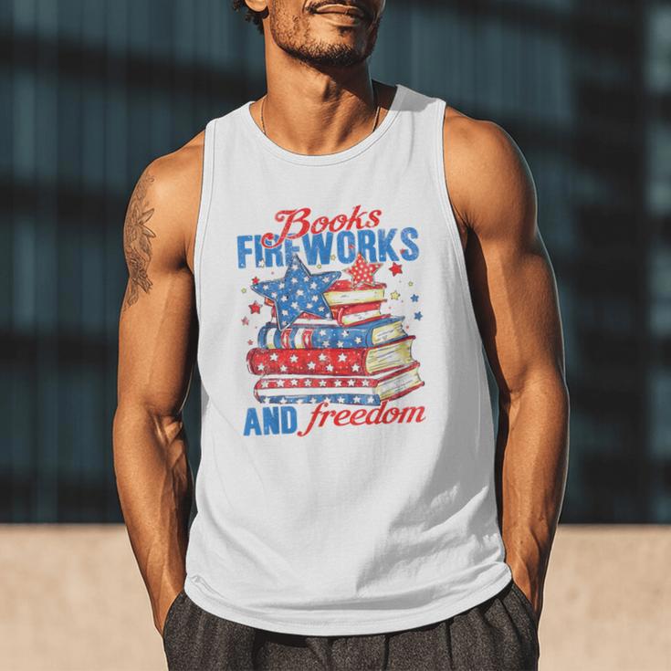 Books Fireworks And Freedom 4th Of July Book Lover Men Tank Top