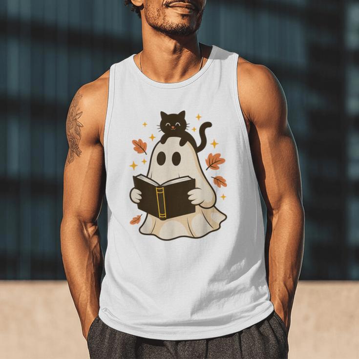 Books Ghost Reading Book Halloween Library Cat Fall Men Tank Top