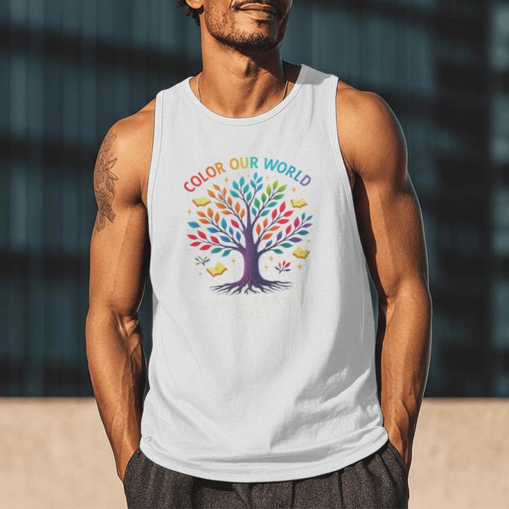 Color Our World Summer Reading Program 2025 Trippy Book Tree Men Tank Top