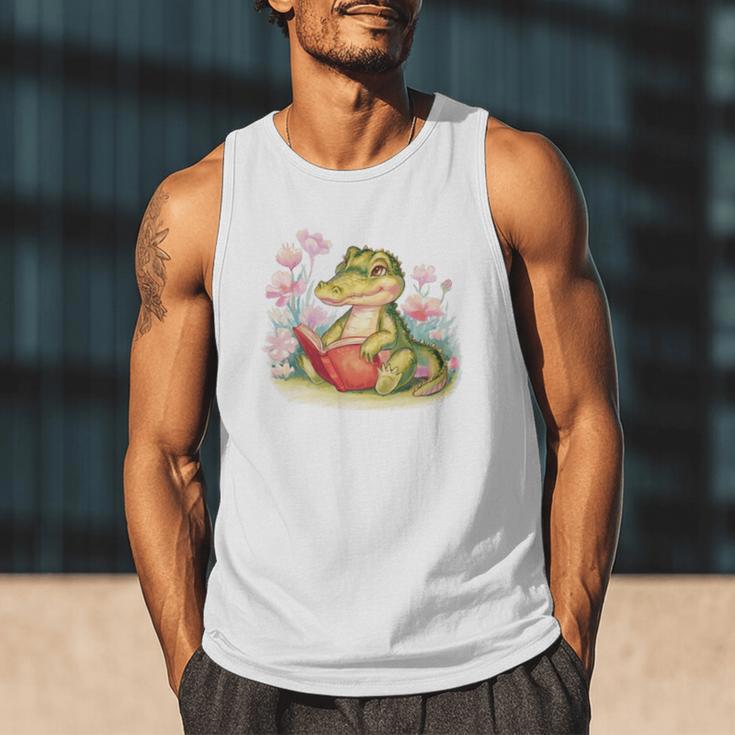 Crocodile Reading Book Watercolor Flowers Kids Men Tank Top Crocodile Reading Book Watercolor Flowers Kids Men Tank Top