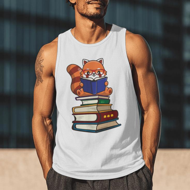 Cute Kawaii Kids Reading Books Glasses Red Panda Lover Men Tank Top