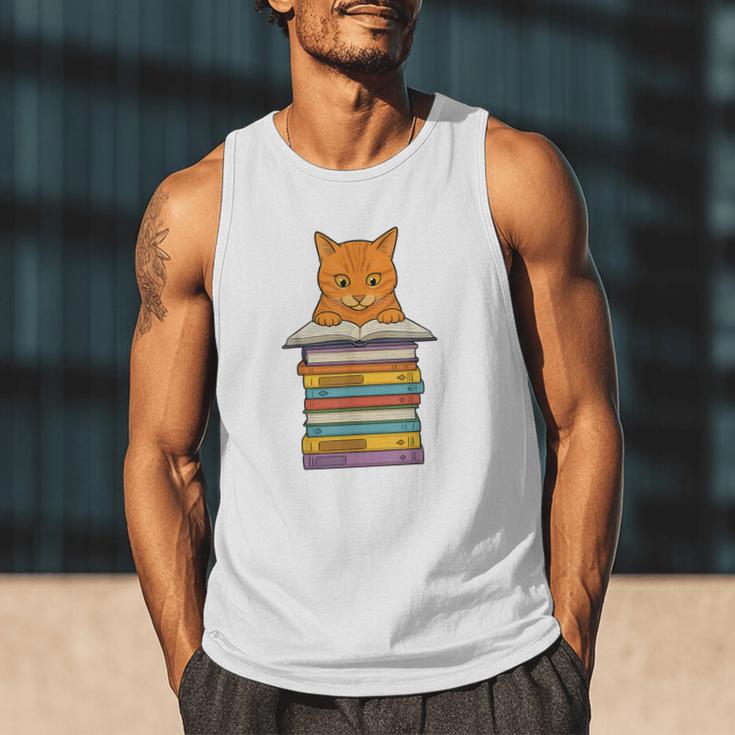 Cute Orange Tabby Cat Reading On Pile Of Books Men Tank Top Cute Orange Tabby Cat Reading On Pile Of Books Men Tank Top