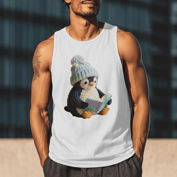 Cute Penguin Reading Book Faux-Crochet Print Men Tank Top Cute Penguin Reading Book Faux-Crochet Print Men Tank Top