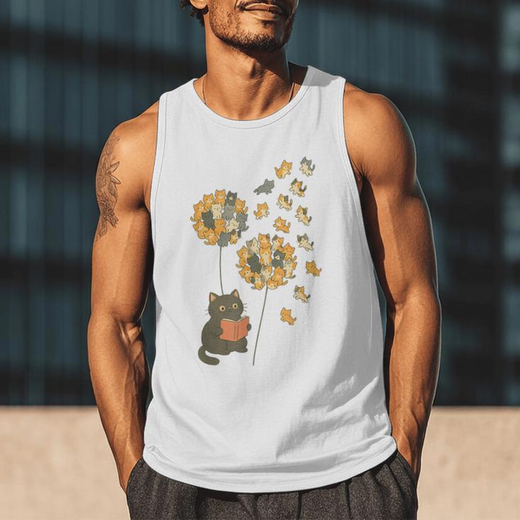 Cute Reading Cat With Kitten Dandelion Flowers Book Lover Men Tank Top