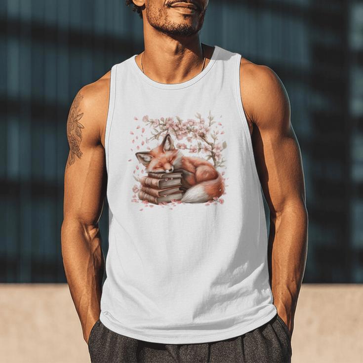 Fox And Book Lover Graphic For Women And Spring Pink Flower Men Tank Top