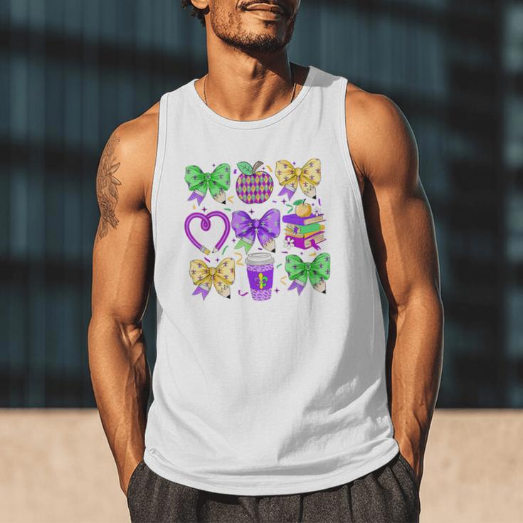 Mardi Gras Teacher Coquette Bow Pencil Apple Book Women Girl Men Tank Top