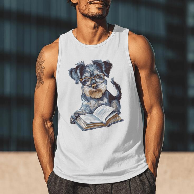 Nerdy Schnauzer Dog Book Lover Glasses Cute Pet For Men Women Kids Men Tank Top