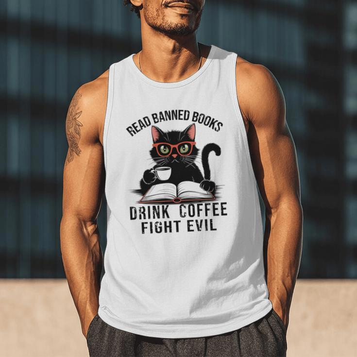 Read Banned Books Drink Coffee Fight Evil Retro Cat Men Tank Top Read Banned Books Drink Coffee Fight Evil Retro Cat Men Tank Top