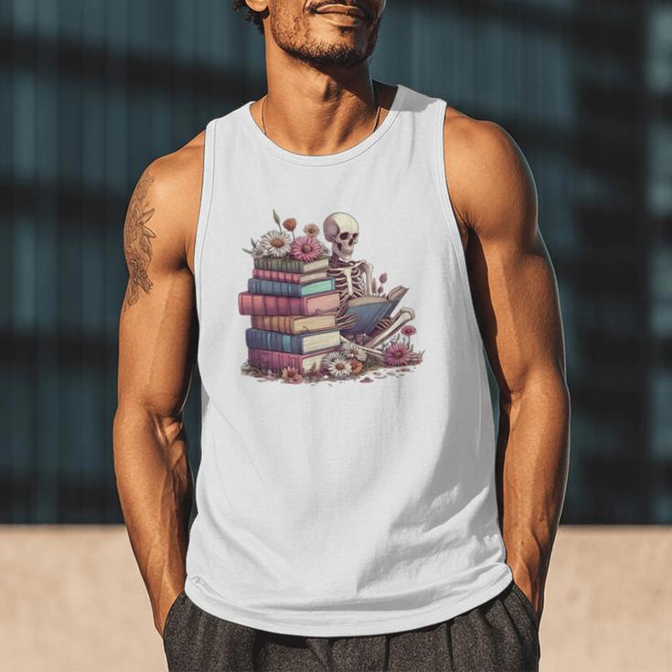 Reading A Book Per Day Keeps Reality Away Skeleton Books Men Tank Top