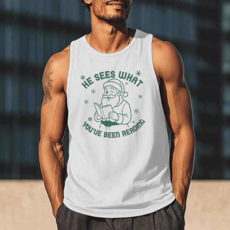 He Sees What You'Ve Been Reading Christmas Bookish Santa Premium Tri-Blend Men Tank Top He Sees What You'Ve Been Reading Christmas Bookish Santa Premium Tri-Blend Men Tank Top