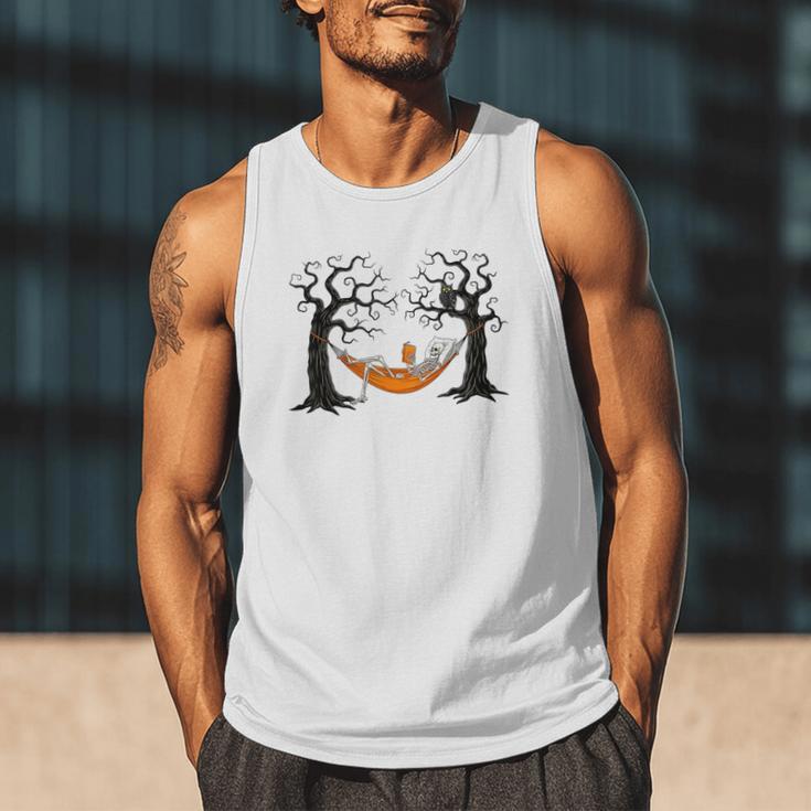 Skeleton Reading Book In Hammock Halloween Reader Men Tank Top