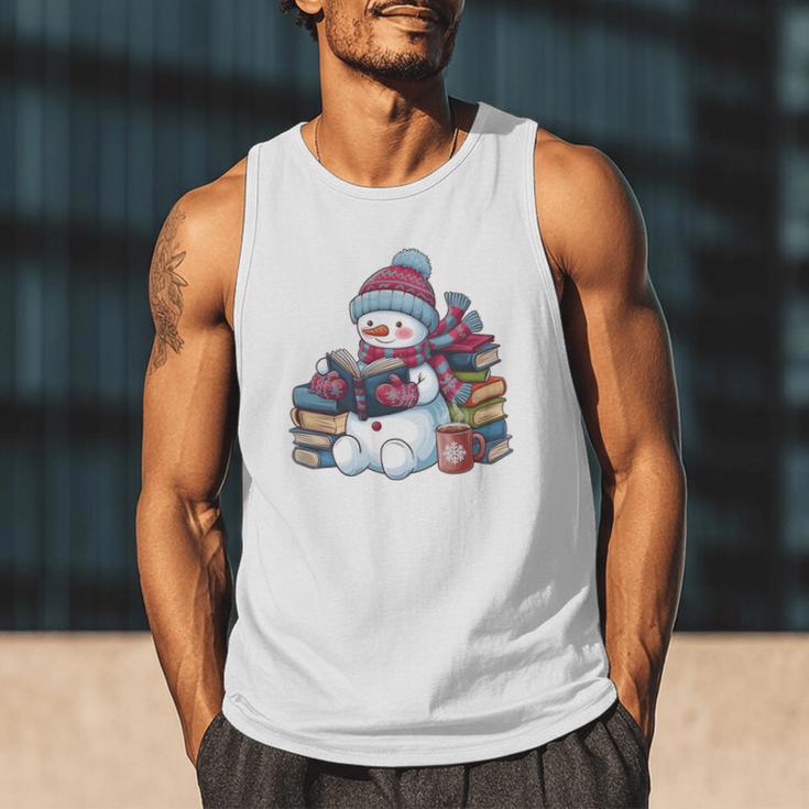 Snowman Reading Book Lovers Christmas Bookworm Librarian Men Tank Top