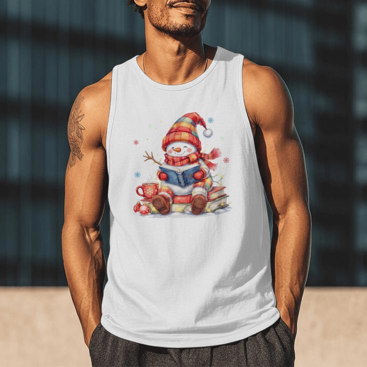 Snowman Reading Books Lovers Christmas Librarian Bookworm Men Tank Top