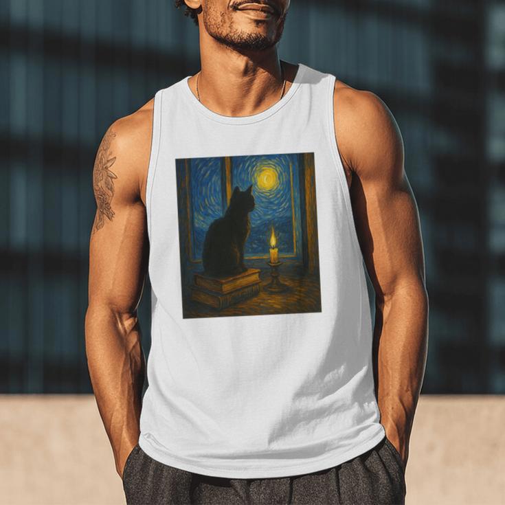 Van Gogh Starry Night Art Cat And Book Lovers Premium Tri-Blend Men Tank Top