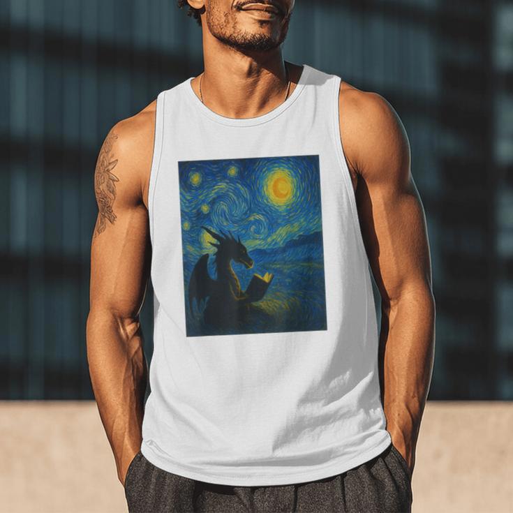 Van Gogh Starry Night Fantasy Reader Dragon Reading Book Men Tank Top Van Gogh Starry Night Fantasy Reader Dragon Reading Book Men Tank Top