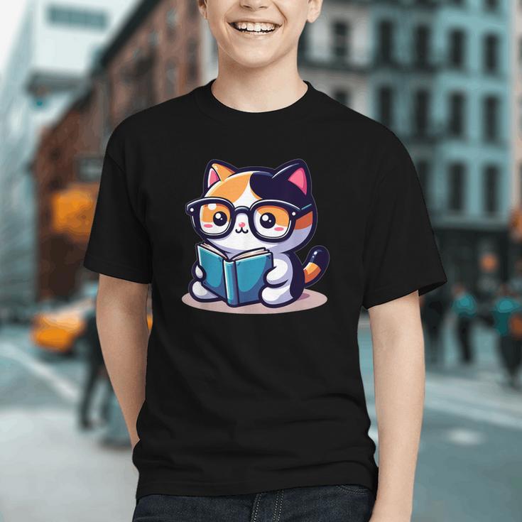 Adorable Book Lover Calico Cat With Reading Glasses Cute For Men Women Kids Graphic Youth