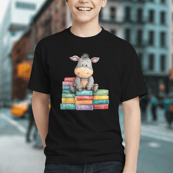 Adorable Donkey With Heart Sitting On Colorful Book Stack Graphic Youth