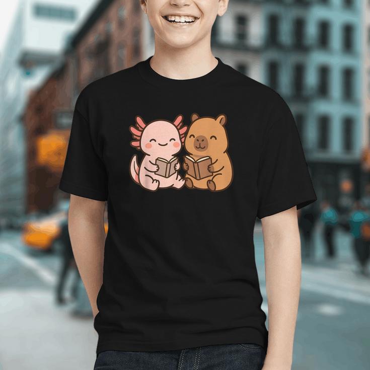 Capybara Axolotl Kawaii Kids Anime Book Lover Reading Graphic Youth