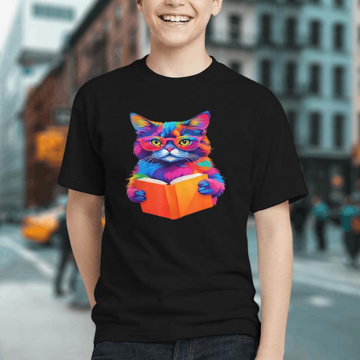 Cat Book Shirt Colorful Cat Reading Book Graphic Youth