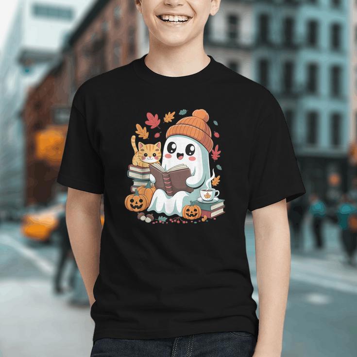 Cute Cozy Ghost Reading With Cat Book Lover Autumn Fall Graphic Youth Cute Cozy Ghost Reading With Cat Book Lover Autumn Fall Graphic Youth