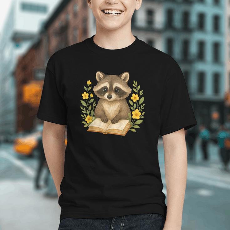 Cute Raccoon Reading Book Flowers Floral Graphic Youth