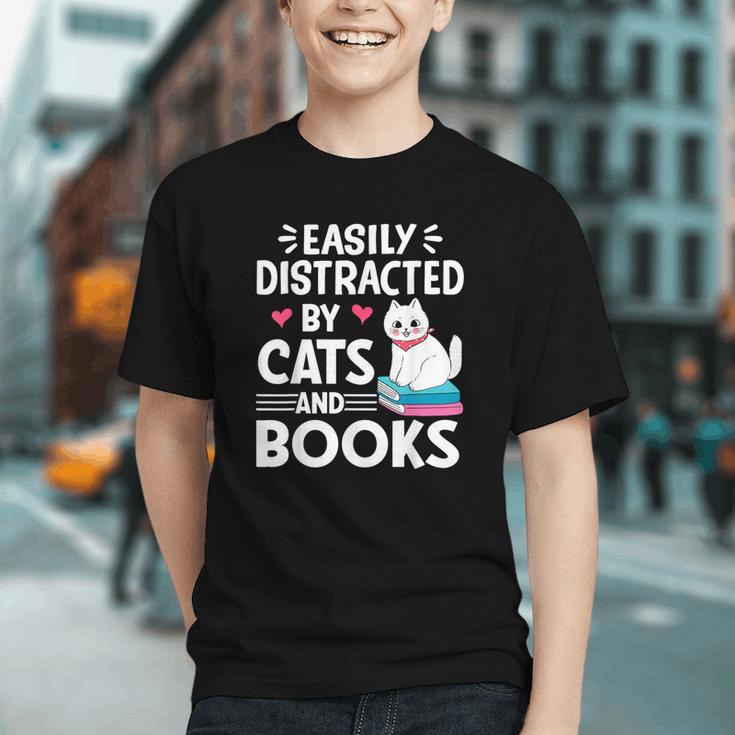 Easily Distracted By Cats And Books Cute Cat And Book Lovers Graphic Youth