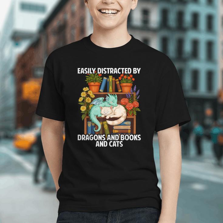 Easily Distracted By Dragons Books Cats Fantasy Book Lover Graphic Youth