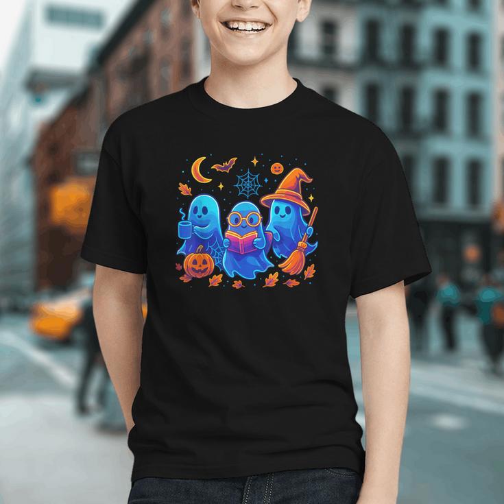 Little Ghost Coffee Tee Spooky Season Ghost Reading Book Graphic Youth