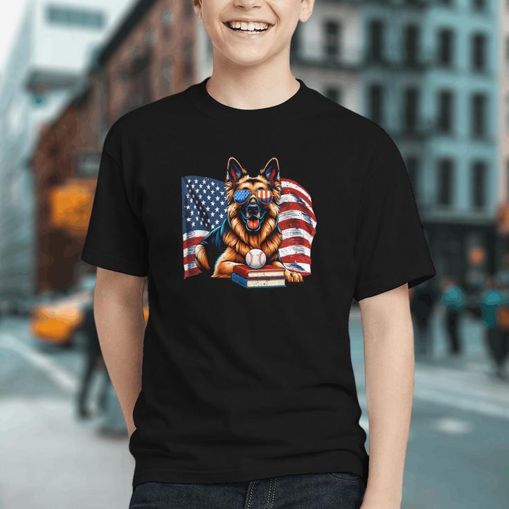 Patriotic German Shepherd Books Baseball USA Flag Vintage Graphic Youth