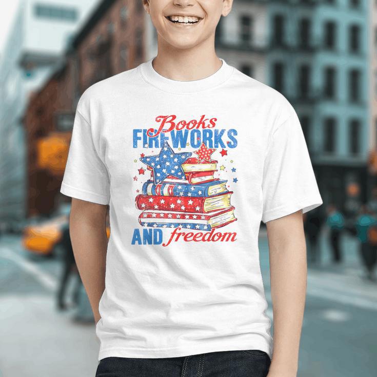Books Fireworks And Freedom 4th Of July Book Lover Graphic Youth