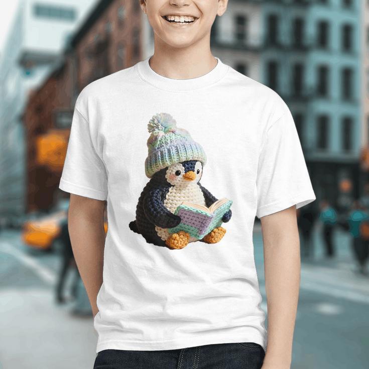 Cute Penguin Reading Book Faux-Crochet Print Graphic Youth
