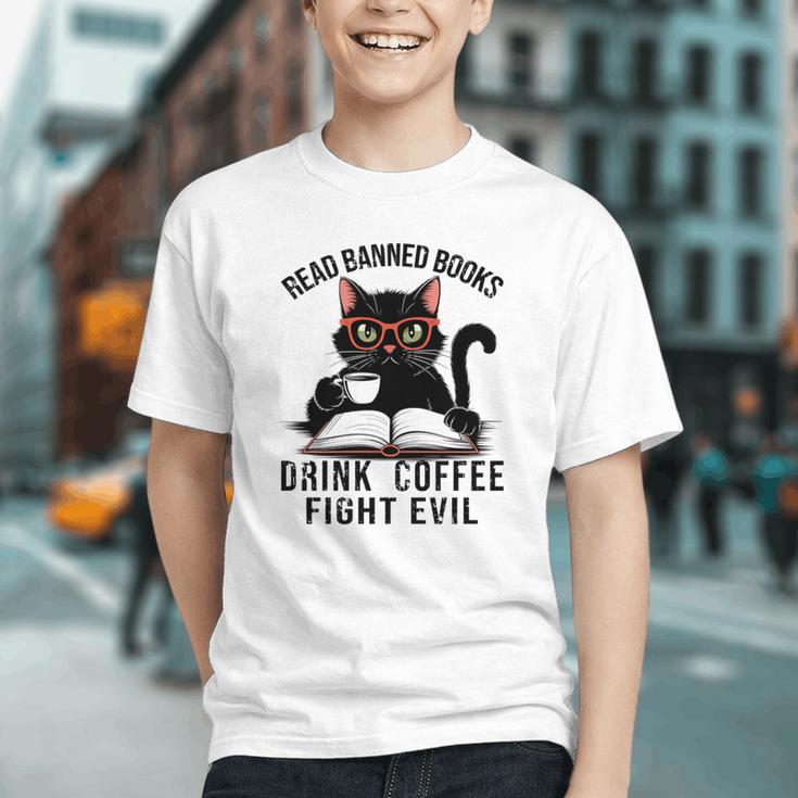 Read Banned Books Drink Coffee Fight Evil Retro Cat Graphic Youth