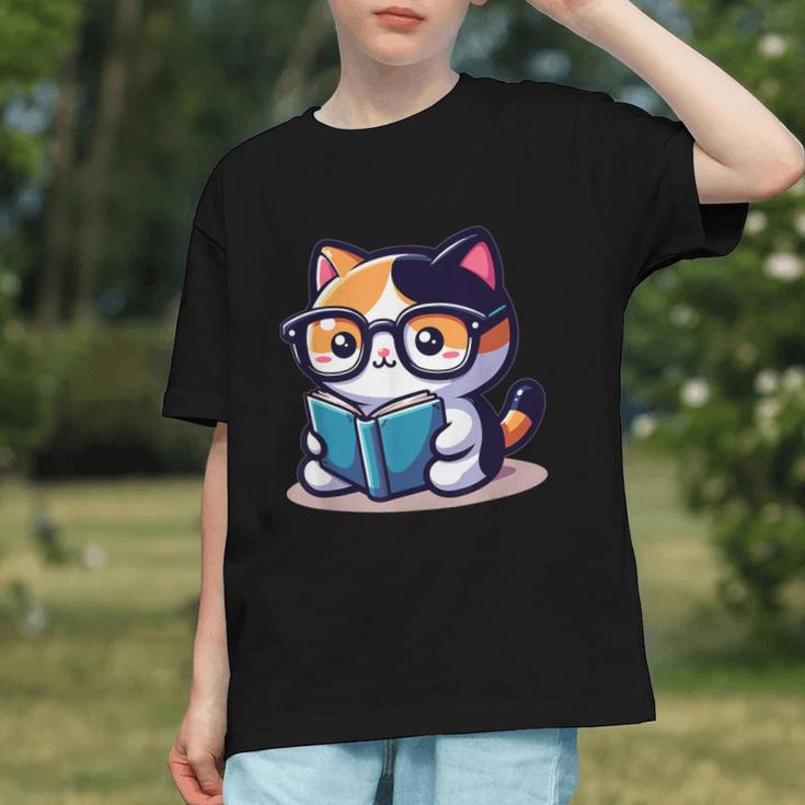 Adorable Book Lover Calico Cat With Reading Glasses Cute For Men Women Kids Graphic Youth