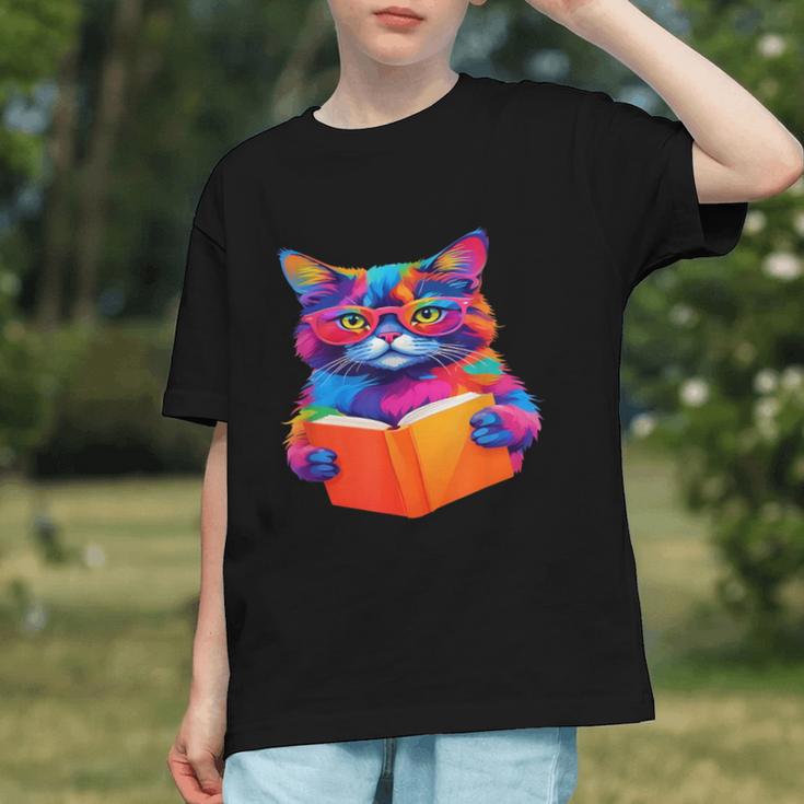 Cat Book Shirt Colorful Cat Reading Book Graphic Youth