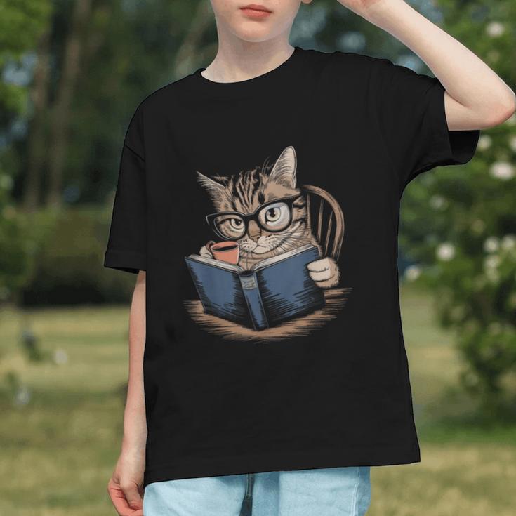 Cute Cat Reading Books With Tea Graphic Youth