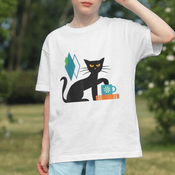 Cat Midcentury With Book And Coffee Atomic Age Mid Century Graphic Youth
