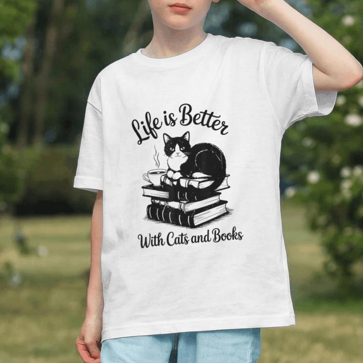 Life Is Better With Cats & Books Tuxedo Cat Mom Women Graphic Youth