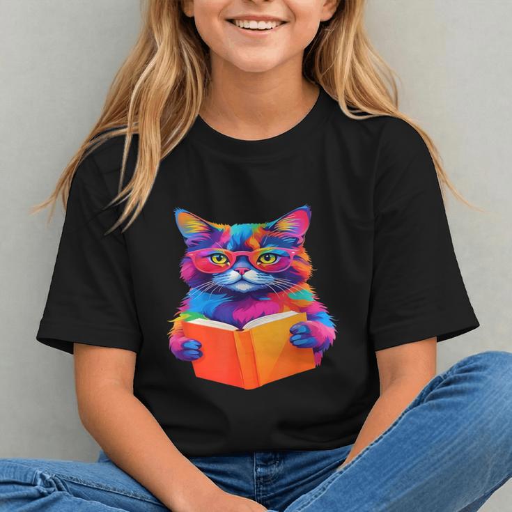Cat Book Shirt Colorful Cat Reading Book Graphic Youth