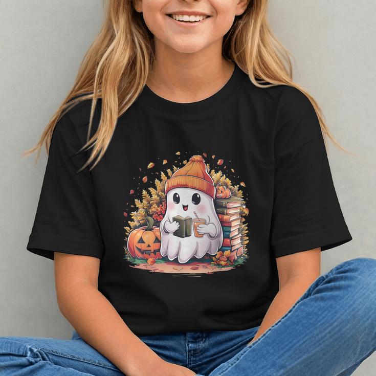 Cute Ghost Drinking Coffee Halloween Reading Book Retro Graphic Youth