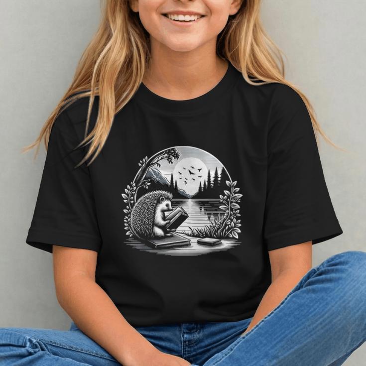 Hedgehog Reading Book Full Moon Lake Scenery Graphic Youth
