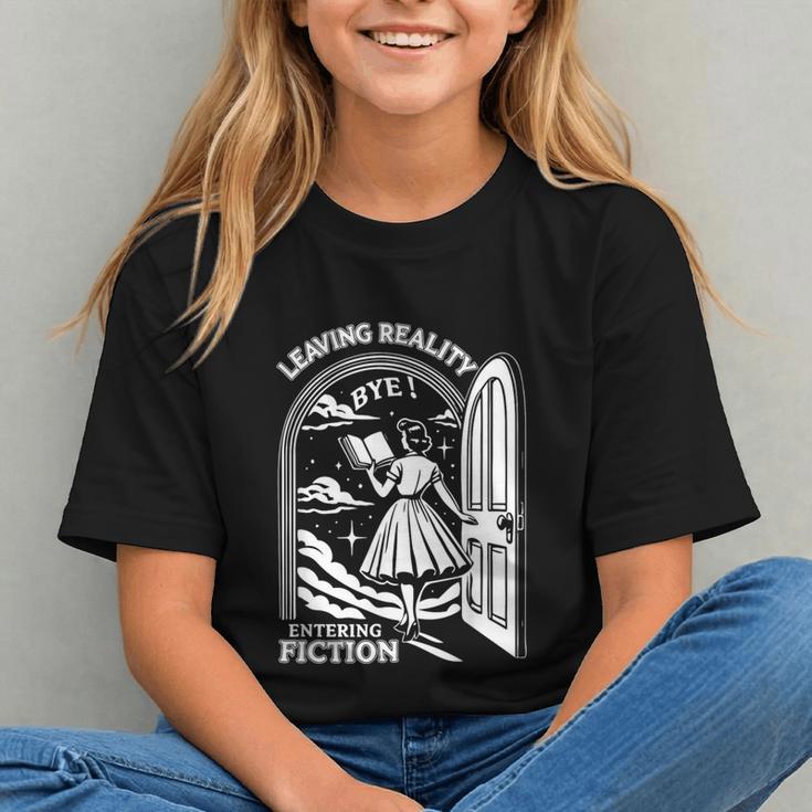 Retro Trendy Bookish Book Lover Reading Quotes Leaving Reality Entering Fiction -Adults Small Short Sleeve T-Shirt Graphic Youth