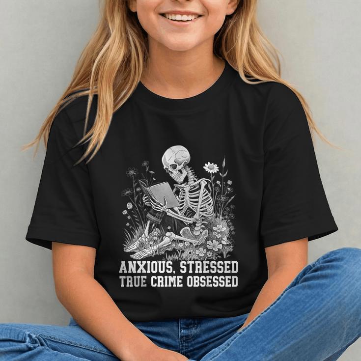 Skeleton Reading Book Anxious Stressed True Crime Obsessed Graphic Youth