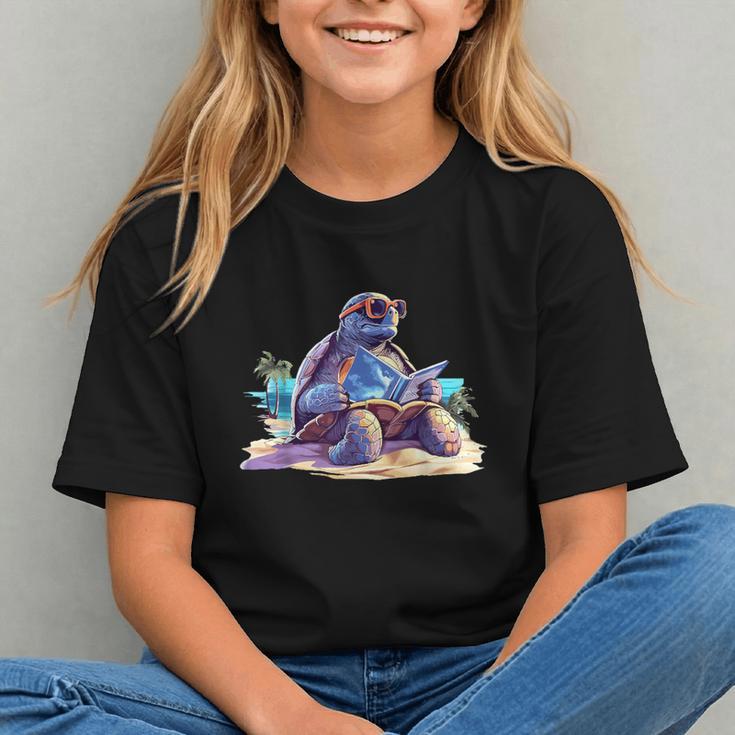 Turtle Wearing Sunglasses Reading A Book On The Beach Summer Graphic Youth