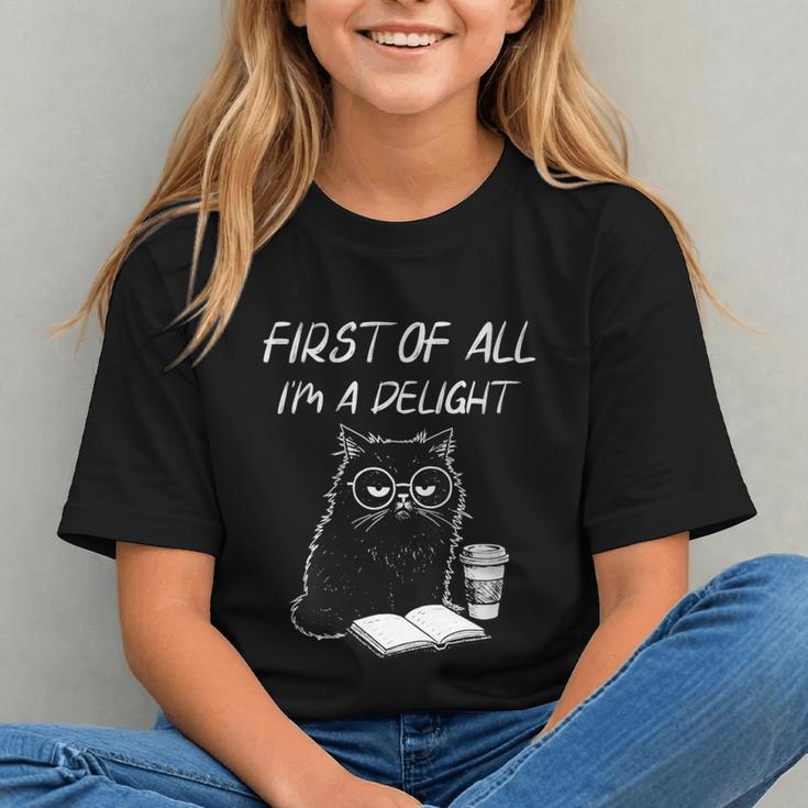 Women's First Of All I’m A Delight Cute Cat Books Coffee Humor Graphic Youth