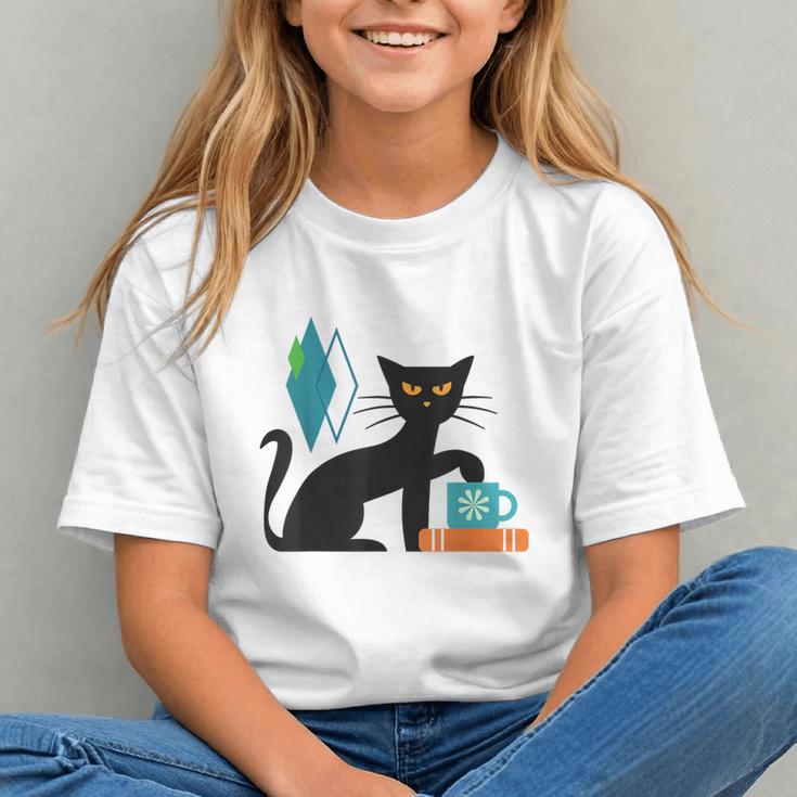 Cat Midcentury With Book And Coffee Atomic Age Mid Century Graphic Youth