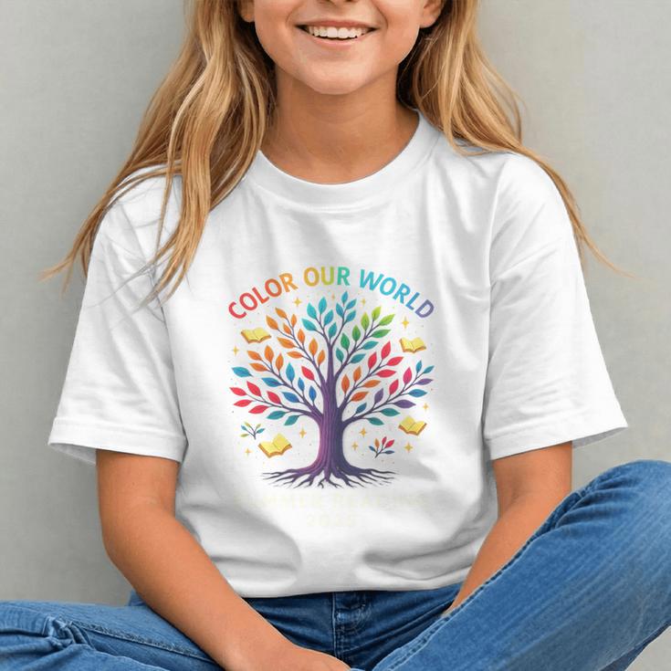 Color Our World Summer Reading Program 2025 Trippy Book Tree Graphic Youth