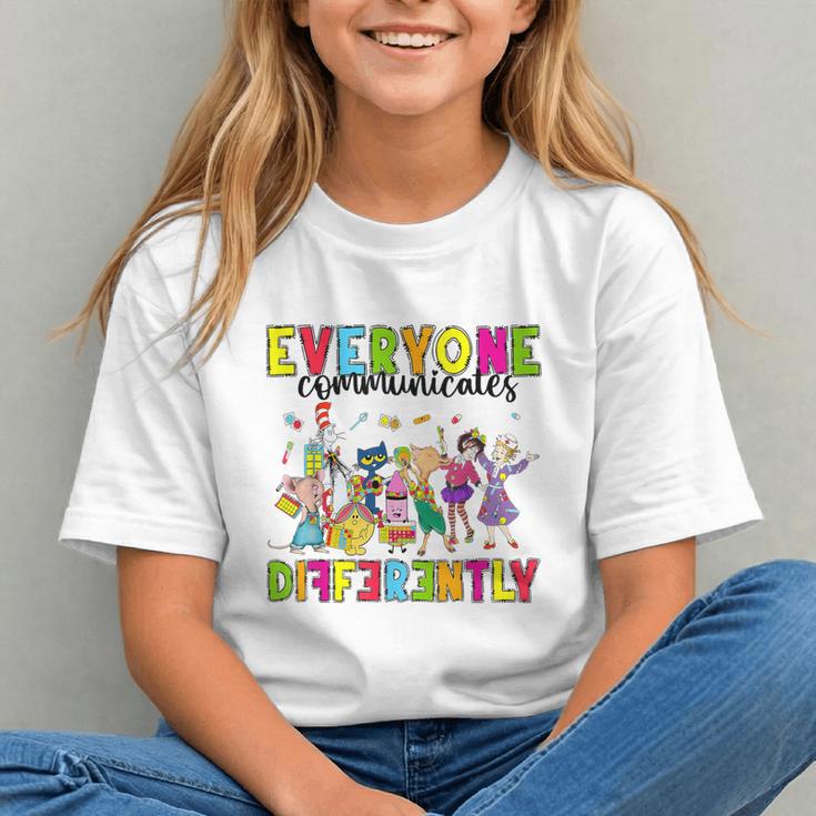 Everyone Communicates Differently Book Teacher Outfit Graphic Youth